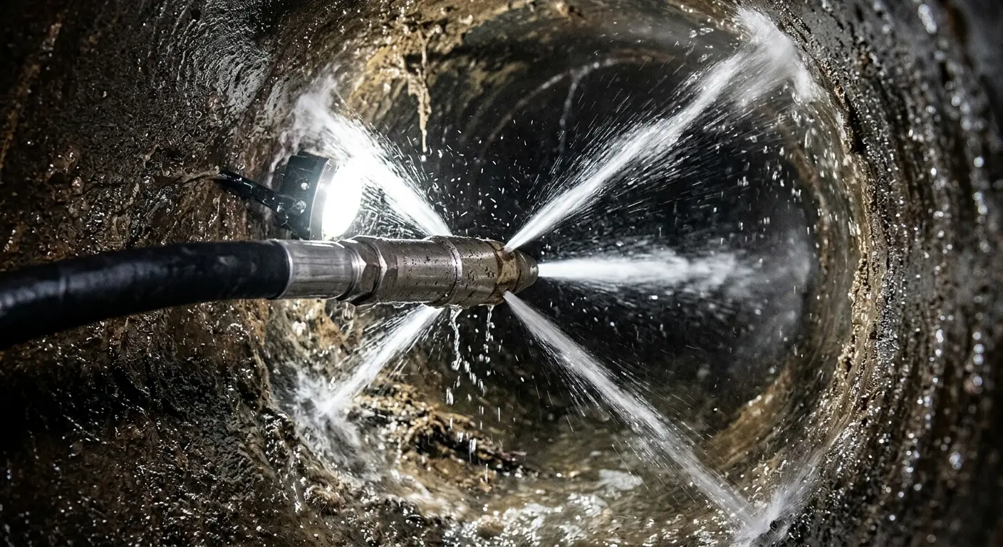 High-pressure hydro jetting nozzle cleaning sewer pipe for Emergency Drain Service in League City