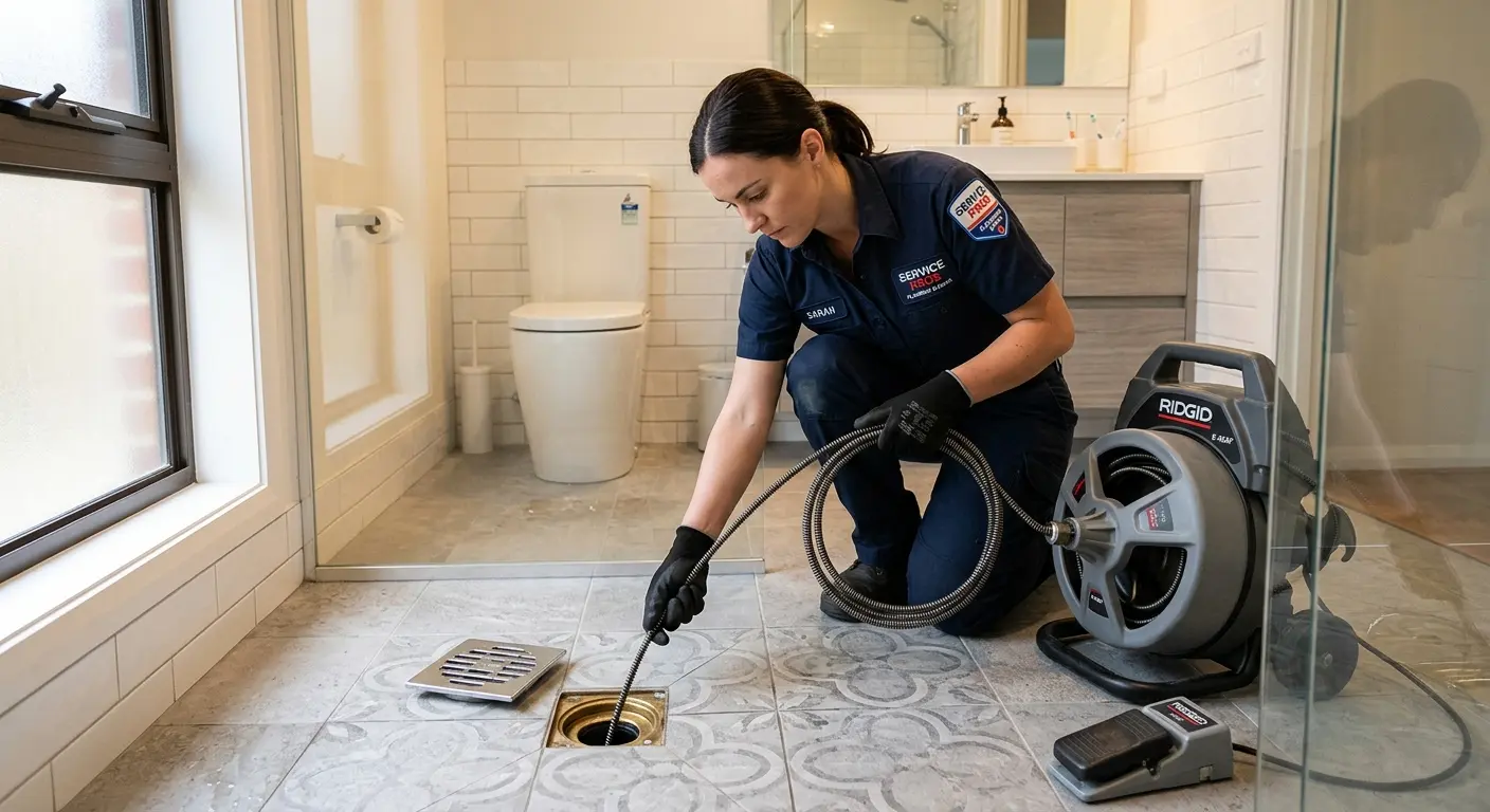 Technician clearing a bathroom floor drain for Drain Repair in League City